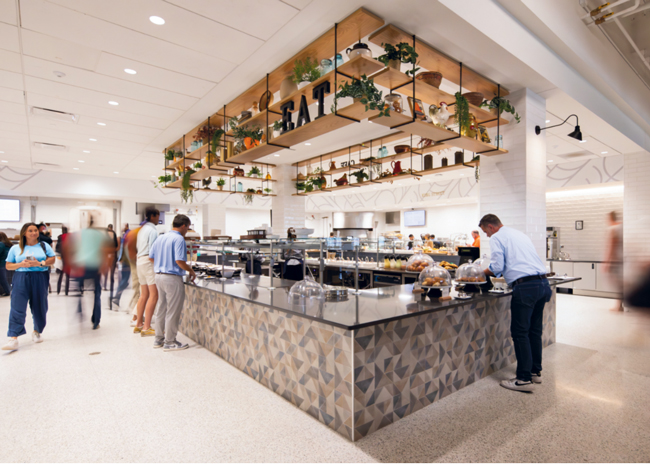 Top right: The new headquarters building for Bandwidth, a technology services company in Raleigh, N.C., has 1,000 employees and no nearby restaurants, making on-site foodservice quality and variety critical. The Wild Turkey Café is modeled on a global food hall, offering everything from ramen bowls to artisan pizzas to grab-and-go snacks; The Bandstand coffee bar, a partnership with local coffee shop 321 Coffee, offers pastries from the local La Farm Bakery. 