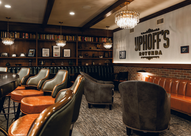 Uphoff’s Rotunda evokes a bygone era with dark wood and rich textures.  Photo by Megan Elizabeth  Photography
